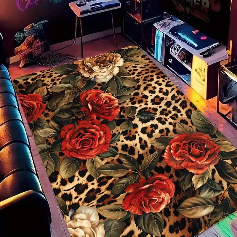 Red Rose Leopard Print Living Room Rug Cat Leopard Pattern Bedroom Dining Under Table Romantic Flower Washable Animal Theme Deco 40cm x 60cm