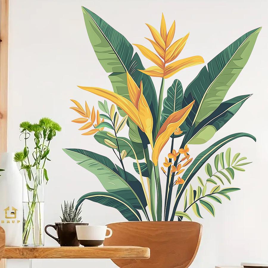 Tropical Jungle Green Plants Wall Stickers, Self-Adhesive Fresh Decor for Living Room Study Room Rental Apartment Decoration