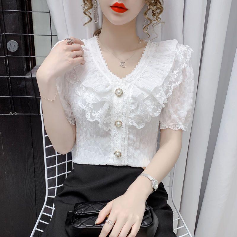 Female Summer Solid Colour Casual Short-sleeved T-shirt Fashion Lace Ruffle Top Temperament Sweet Chiffon V-neck Shirt