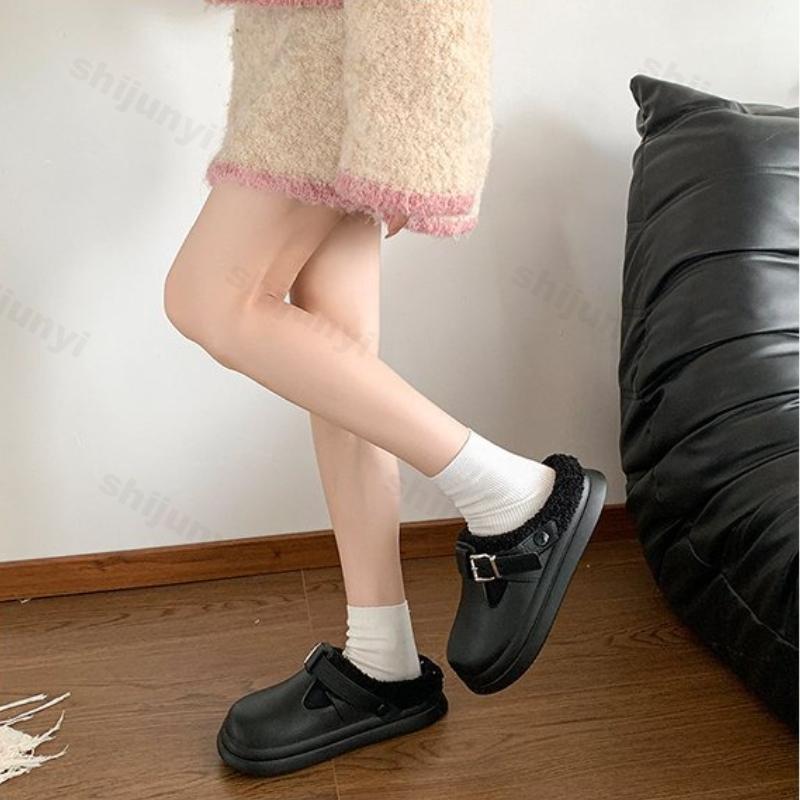 Fashion Autumn Winter Women Cotton Slippers Waterproof Non Slip Warm Indoor Home Shoes Fashion Buckle Strap Thicken Outdoor Plush Shoes