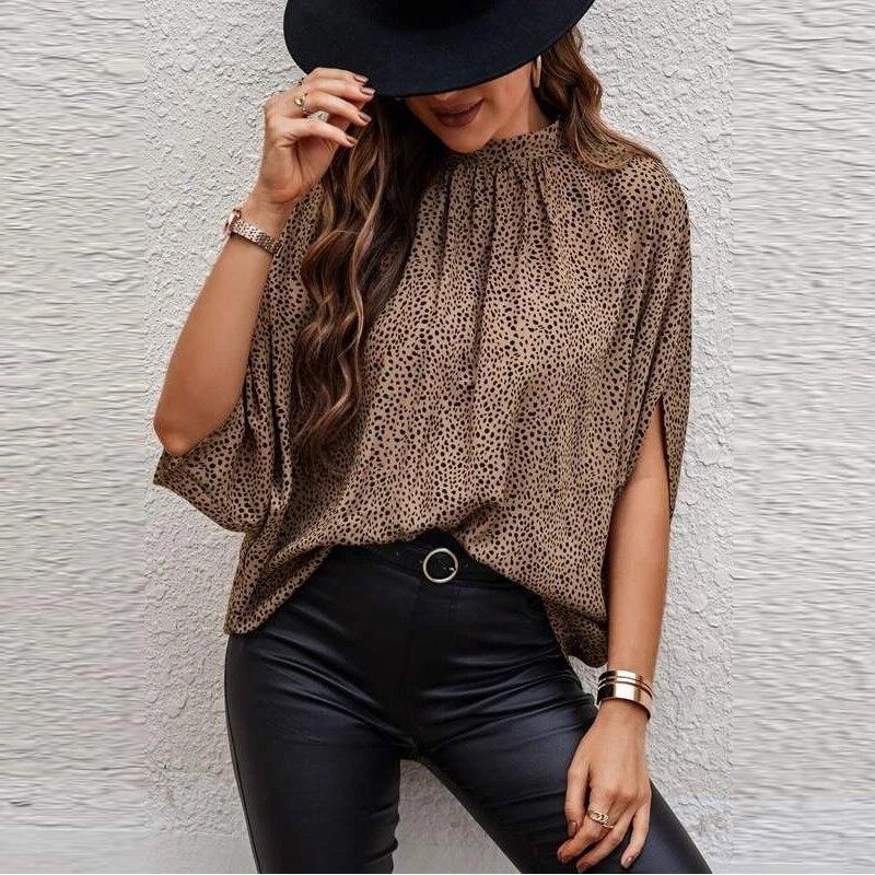 Koszule damskie 2023 Lato Casual Jednolity kolor i nadruk Bluzka Moda Podzielone Krótkie rękawy Bluzki Okrągły kołnierz Ubrania 26305