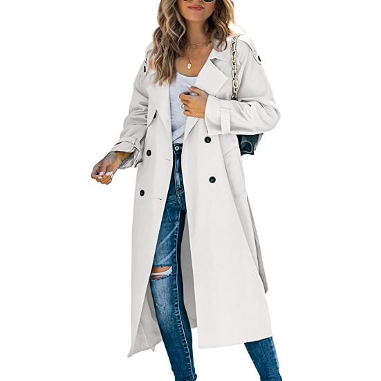 Women Autumn Classic Double Breasted Long Trench Jacket with Belt Female Solid Color Lapels Long Sleeve Pockets Windbreaker Coat
