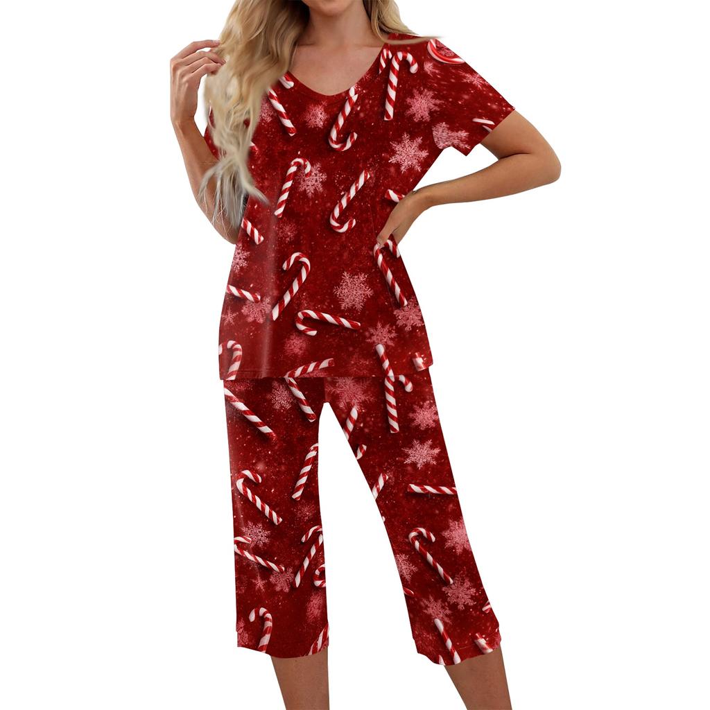 Women's Casual Two Piece Outfit Set Christmas Print Short Sleeve Pants