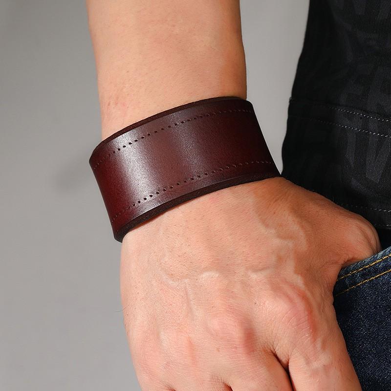 Mens Punk Style Wide Leather Bracelet Handmade Genuine Cowhide Biker Accessory Unisex Retro Minimalist Wristband