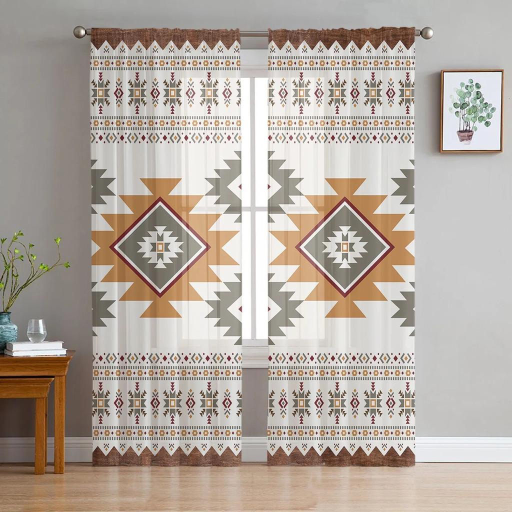 Southwest American Tribal Totem Boho Sheer Curtains Transparent Window Voile Tulle for Bedroom Holiday Decoration