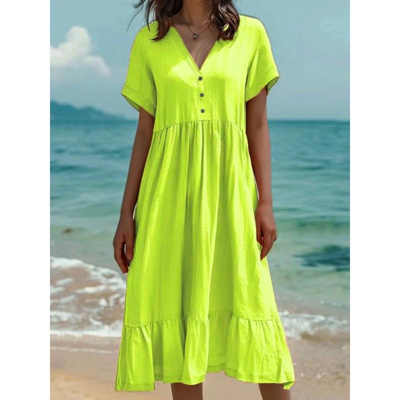 BITCED Fashion Summer Spring Solid Color Print Short Sleeve V-Neck Casual Dresses