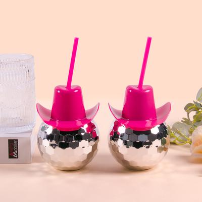 Mirror Disco Ball Cup White Pink Cowgirl Hat Cups with Straw 70s Disco Cowboy Bachelorette Party Favors Western Themed Supplies