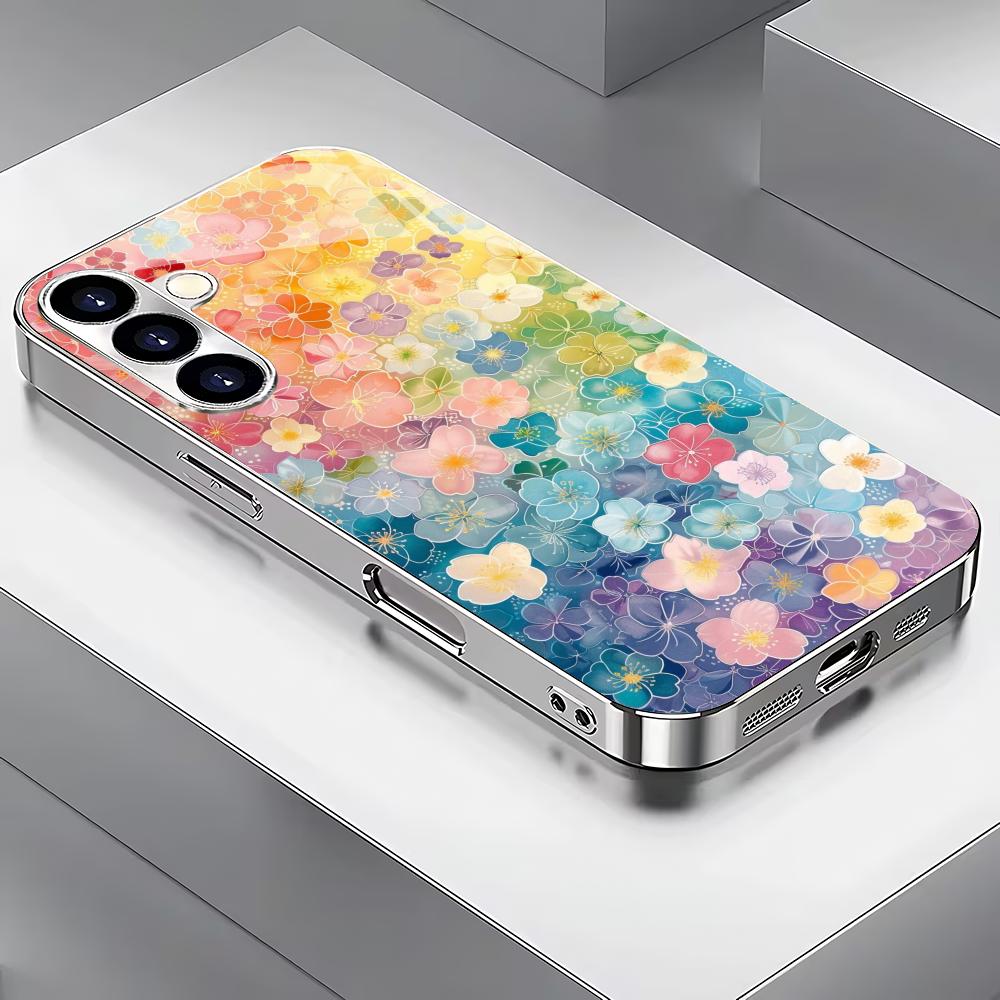 

Colorful flower pattern silver plated glass phone case suitable for Samsung GalaxyS26 S25 S24 S22 S21 S20FE/Ultra/Plus anti drop GalaxyS24FE