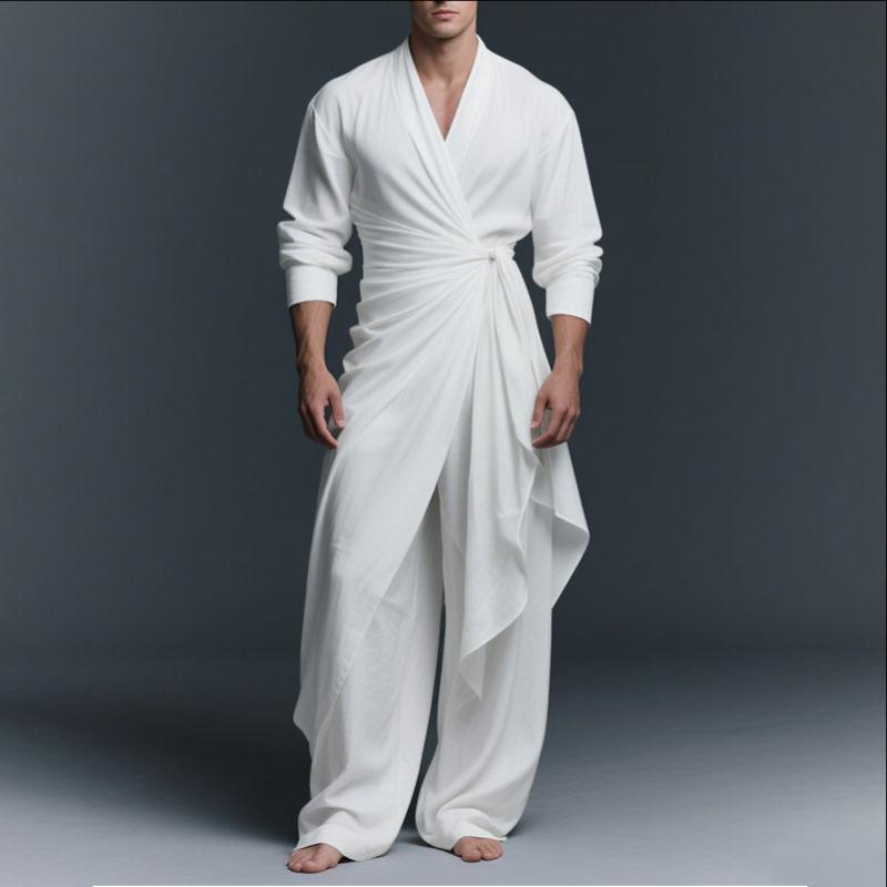 INCERUN 2PCS Men V Neck Long Sleeve Twisted Ruffled T-shirt Long Pants Sets Outfits