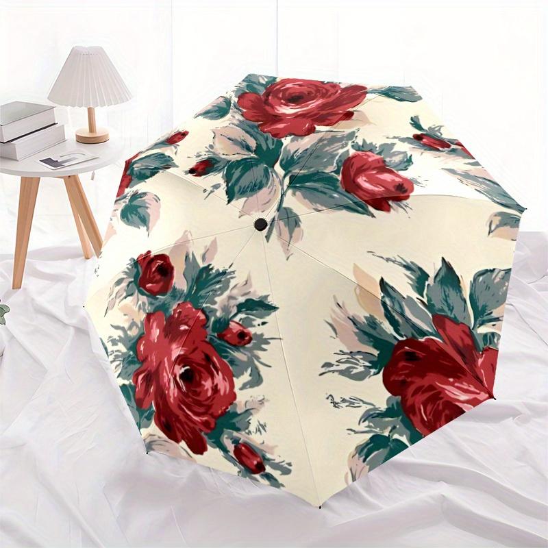 1pc Floral Roses Automatic Folding Umbrella, 8-Rib Sturdy Canopy, Portable Travel Umbrella for Outdoor Use