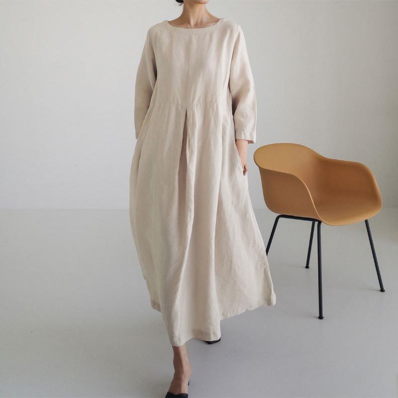 Japanese and Korean Style Plus Size Cotton-Linen Round Neck Pullover Swing Dress