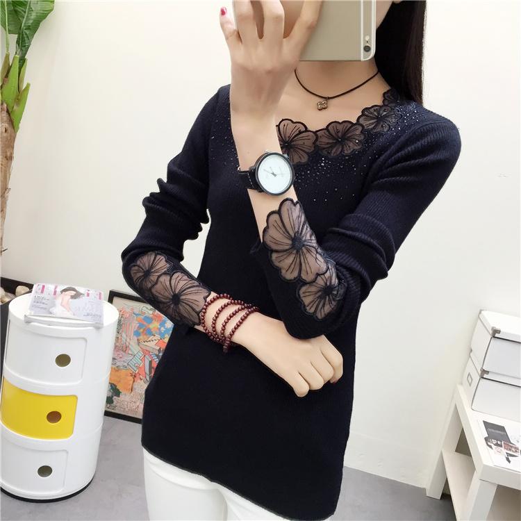 Women's Loose Fitting Long Sleeved Embroidered Round Neck Knitted Lace Hollow Sexy Base Sweater Knitted Sweater