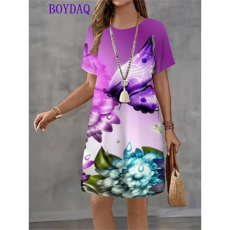 Women Dress Vintage Print Short Sleeve O-Neck Dresses 2025 Summer Autumn Fashion Casual Harajuku Dress Female Party Clothing