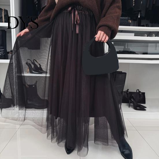 Polyester Mesh Skirt Women's Tulle Skirts High Waist Midi Black Flowy Flattering Design Party Dress Long Tutu for Wedding Cocktail Prom Trendy Women