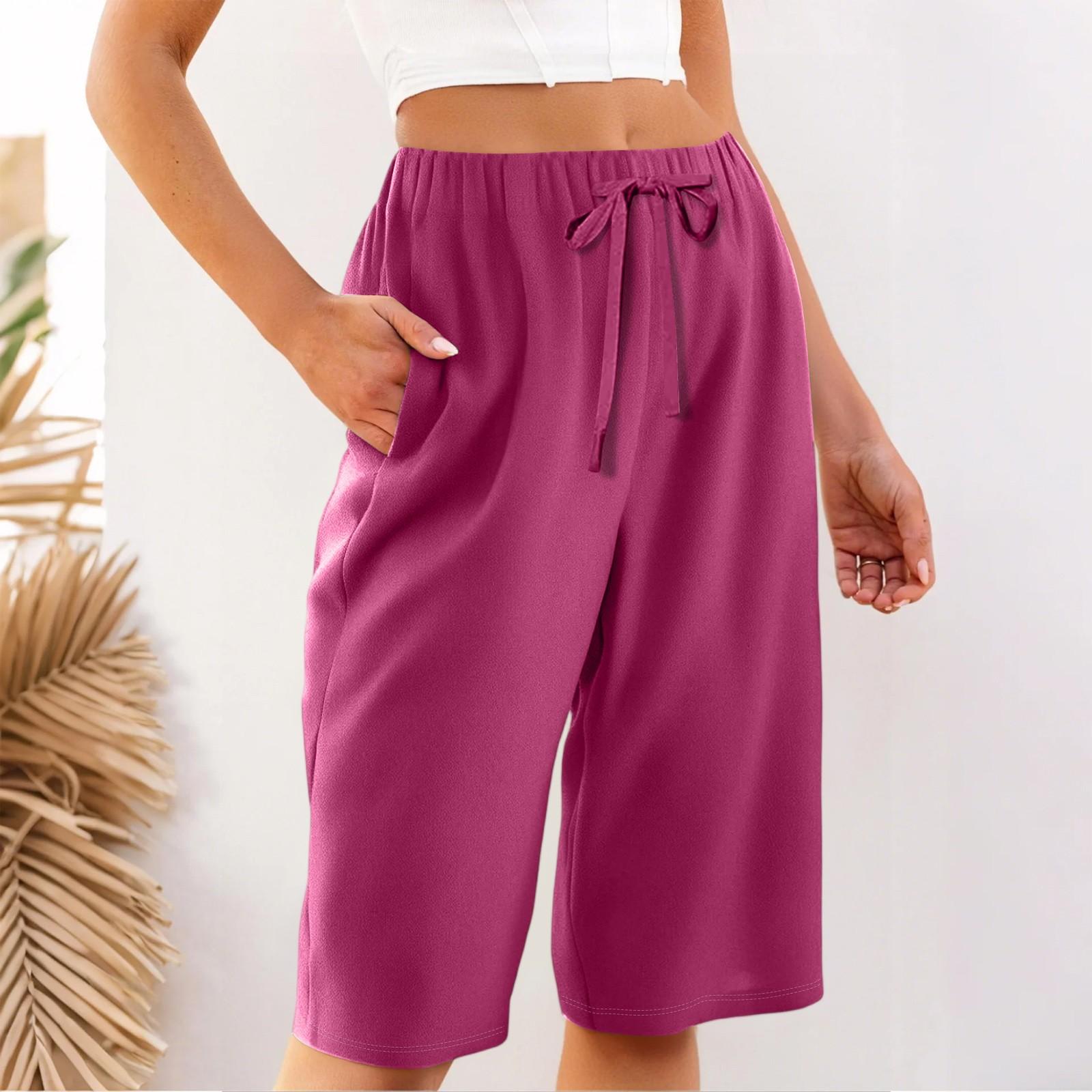 

Women s Summer Elasticated Tie Waist Solid Colour Cotton & Linen Loose Shorts M Кіновар