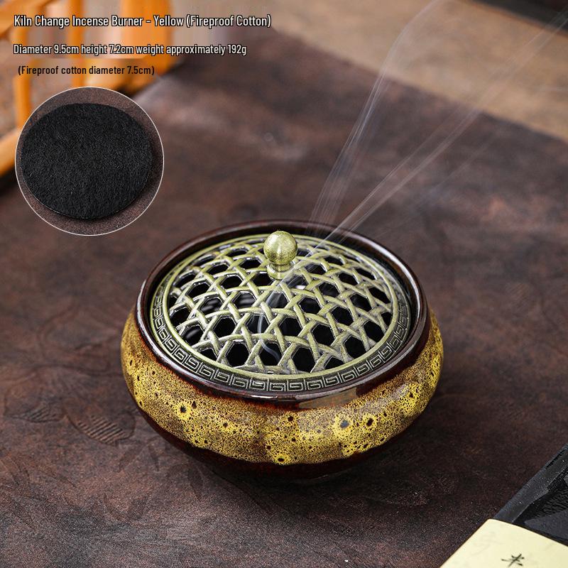 Ceramic Sandalwood Incense Holder with Net Lid and Crackle Glaze, for Coil and Stick Incense, Three-Legged Buddhist Home Use.