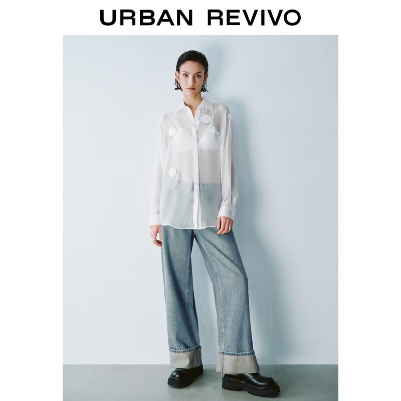 UR Women's Retro Washed Cotton Fold-Over Denim Long Pants