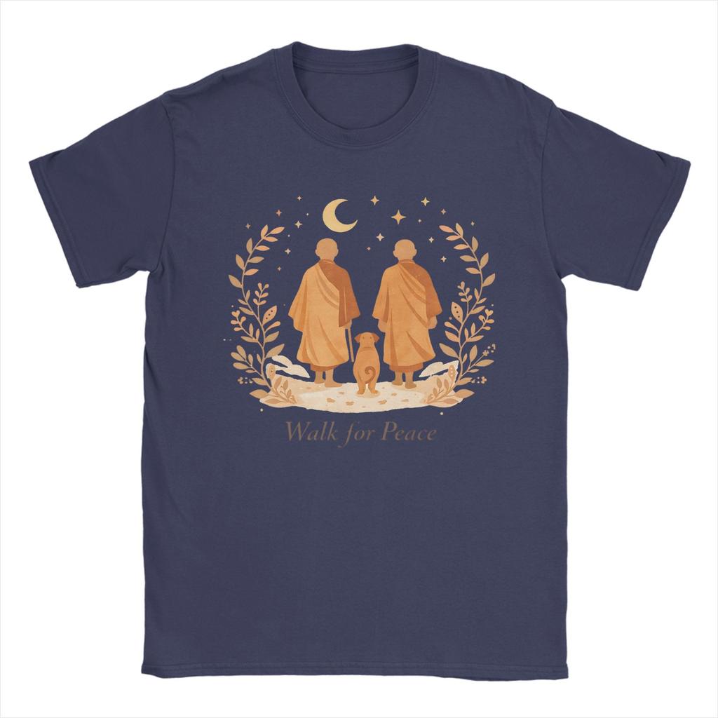 Unisex Damen T-Shirts Zen Kunst Spaziergang für Friedensmönche mit Aloka Hund Spaß Baumwoll-T-Shirts Kurzarm-T-Shirt Oberteile Geschenkidee