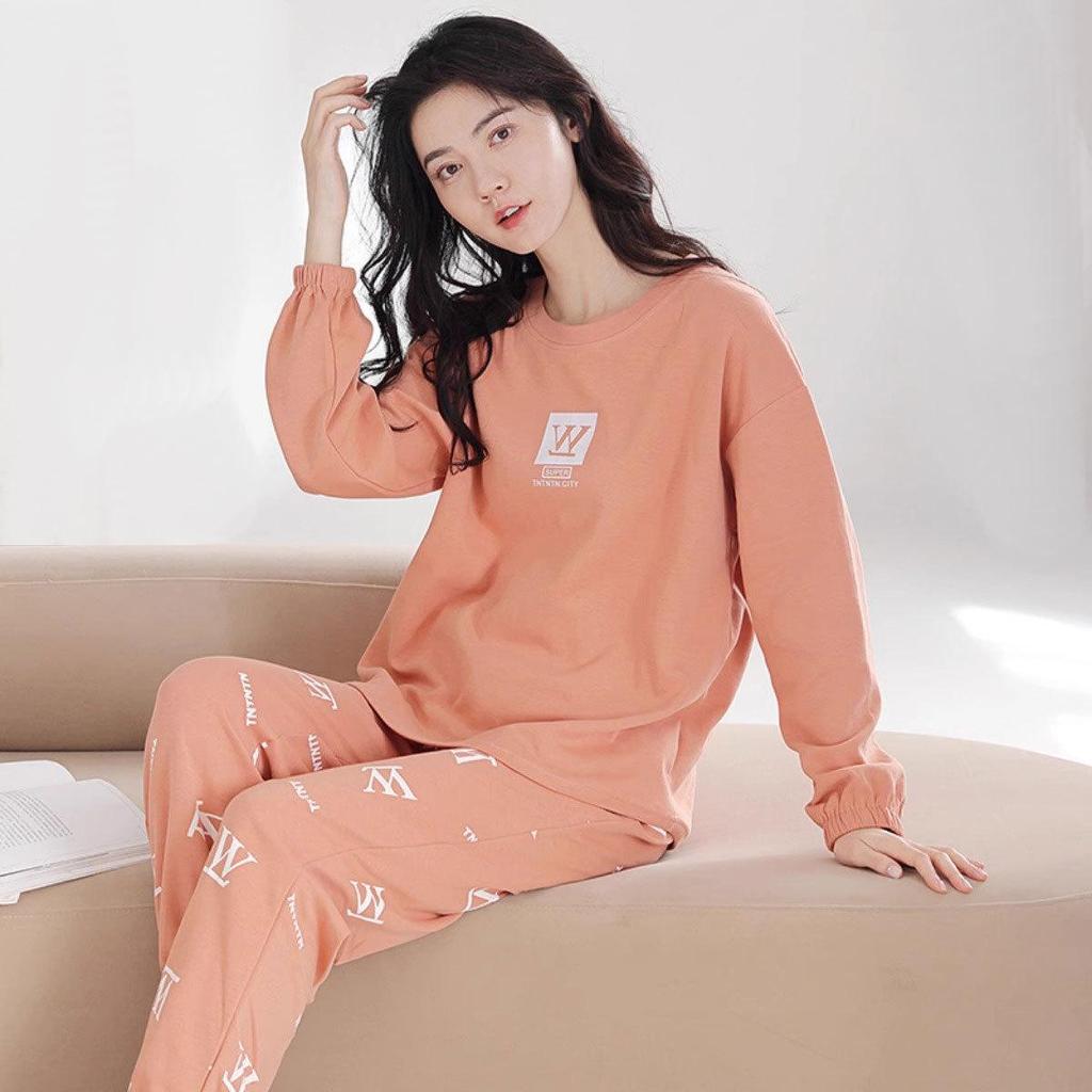 Ensemble Pyjama Automne/Hiver pour Femme: Coton à manches longues, Style coréen, Design mignon de dessin animé d'ours au thé au lait