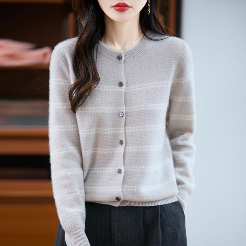 Women's Color Block Pure Wool Knit Cardigan - Round Neck, Loose Fit, Warm Striped Sweater for Autumn and Winter