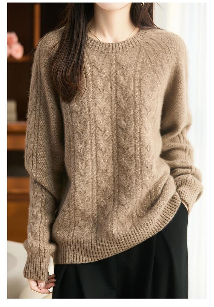 French Retro 100% Pure Wool Cable Knit Loose Women's Sweater