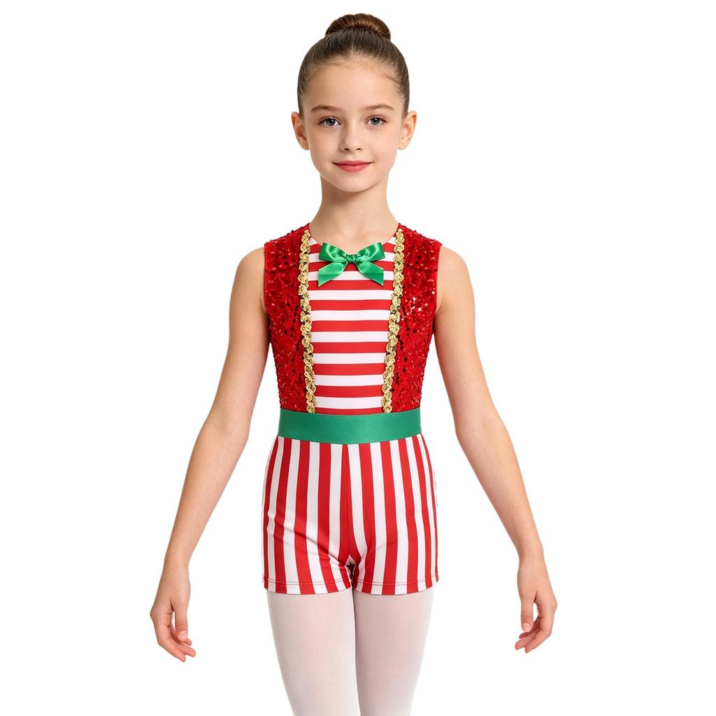 Kids Girls Christmas Party Jumpsuit Velvet Sequin Candy Cane Striped Color-block Sleeveless Back Zipper for Holiday Dress Up
