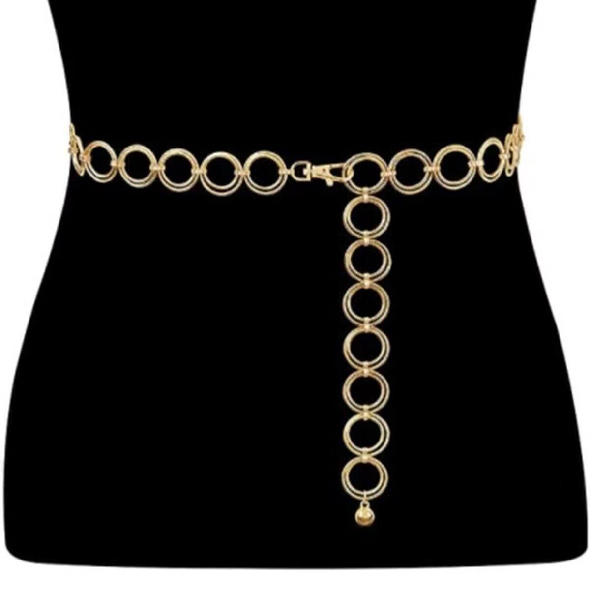 

European & American Double-Layer Waist Chain: Punk Hip-Hop Metal Ring Body Chain for Trendy Fashion.