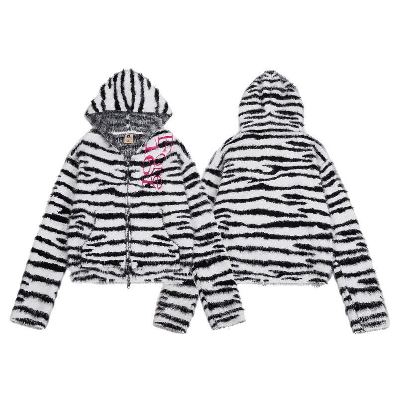 Oreeta Zebra Striped Faux Mink Hoodie Loose Fit Streetwear Teens