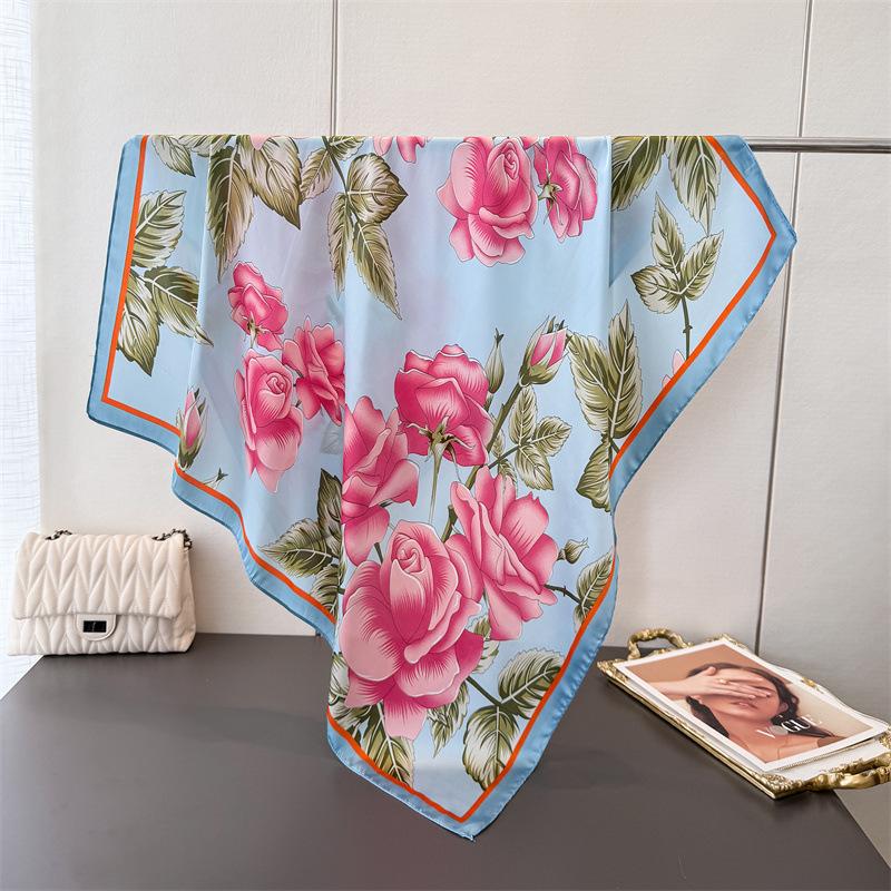 

Romantic Flower Language Satin Simulation Silk Printing Large Square Scarf Silk Scarf Shawl Headscarf Neck Protection Scarf 90*90cm