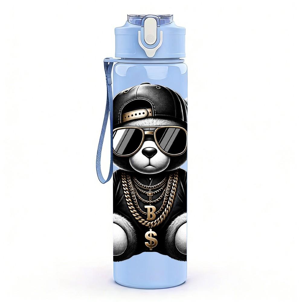1PC Cool Gangster Teddy Bear Character Print 750ml Color Plastic Sports Water Bottle Leakproof Flip Straw Lid Suitable for Sports Office Home Use