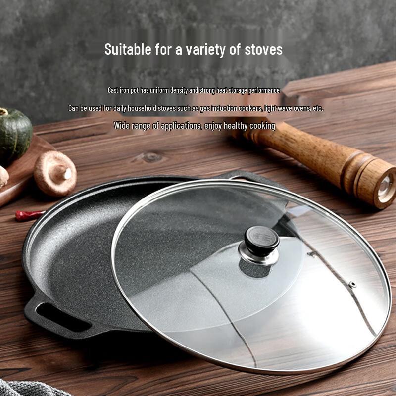 Wutuo 42cm Cast Iron Pancake Griddle Pan with Lid