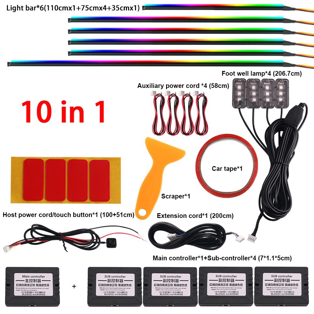 18 v 1 64barevné RGB Symphony Car Ambient Light Interiérové ​​akrylové vodítko LED páskové světlo Dekorace Atmosférická lampa pomocí ovládání aplikací