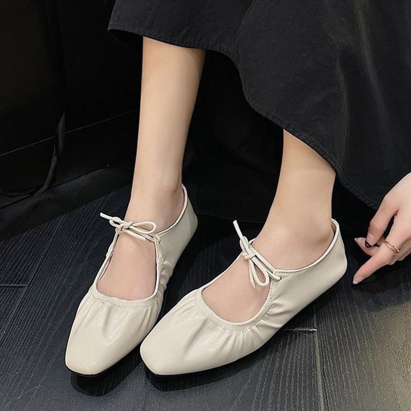 New Women's Soft Sole Ballet Flats Microfiber Leather Thin Shoes Fashion Square-toe Stretch Pleats Pumps Lace-up Mary Jane Shoes