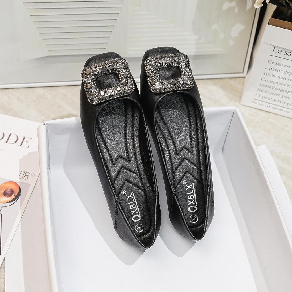 2026 Spring Women's Black Rhinestone Square Toe Loafers - Comfortable for Long Standing in Professional Office Settings