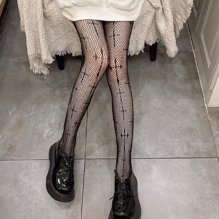 Gothic Punk Sheer Mesh Pantyhose Hosiery Tights for Women Halloween Vintage Crosses Pattern Fishnet Stockings Leggings