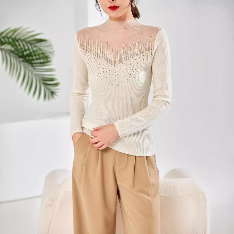 Silk wool knitted bottoming shirt women's long-sleeved winter new hot diamond semi-turtleneck top slim-fitting sweater