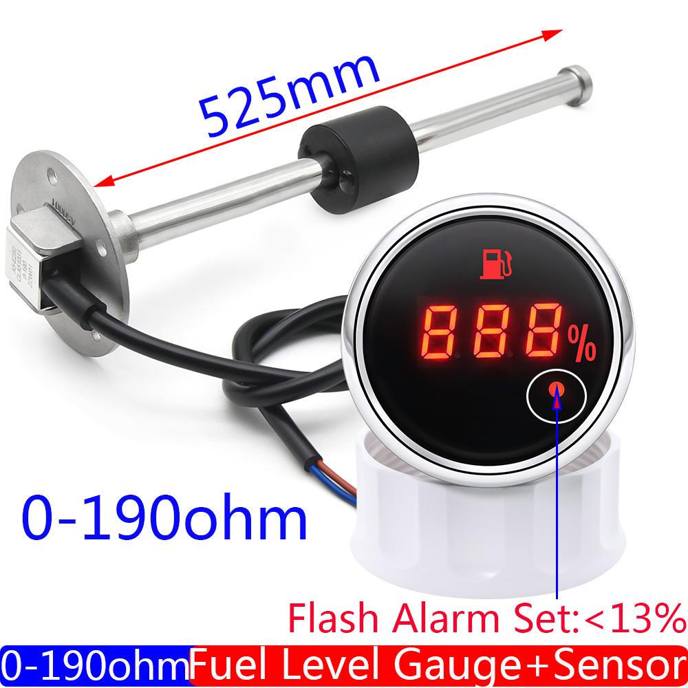 Auto Digital 52mm Fuel Level Gauge With Alarm Light 0-190 Ohm Oil Tank Indicator Meter Marine Fuel Level Sensor 100-600mm 12V24V