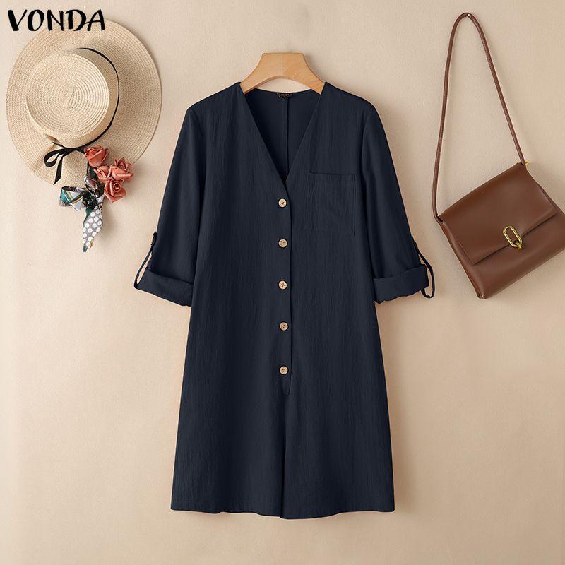 

VONDA Vintage Women Casual V Neck Casual Loose Long Sleeve Buttons Shirt Dress 5XL темно-синий