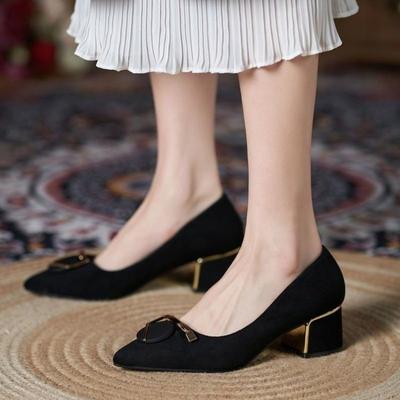 Zwarte enkele schoenen dames puntige neus dikke hak herfst nieuwe temperament hoge hakken retro socialite stijl schoenen