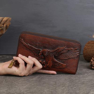 Wallet Men's Pure Cowhide Vintage Embossed Long Zipper Personality Clutch Bag Large Capacity Money Clip
