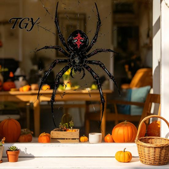 Artykuły na imprezy wewnątrz i na zewnątrz Halloween Pająk Statyczne Naklejki na okno, PVC Wodoodporne Naklejki z pajęczyną, Czarne Dekoracje ścienne Usuwalne Straszne Naklejki dla