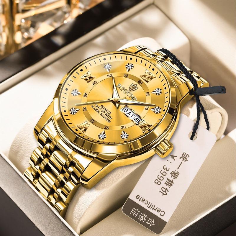 Binbang Quartz Movement Waterproof Luminous Business Fashion Double Calendar Diamond Steel Belt Butterfly Buckle Men's Watch