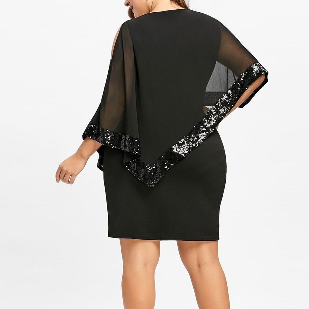 Women's Fashion Plus Size Irregular Sequin Splicing Strapless Chiffon Round Neck Dress