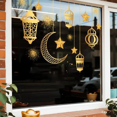Eid Ramadan Festival Fensteraufkleber Stern Mond Laterne Abnehmbar Statisch Haftend Aufkleber Islamisch Muslimisch Wohnkultur Aufkleber