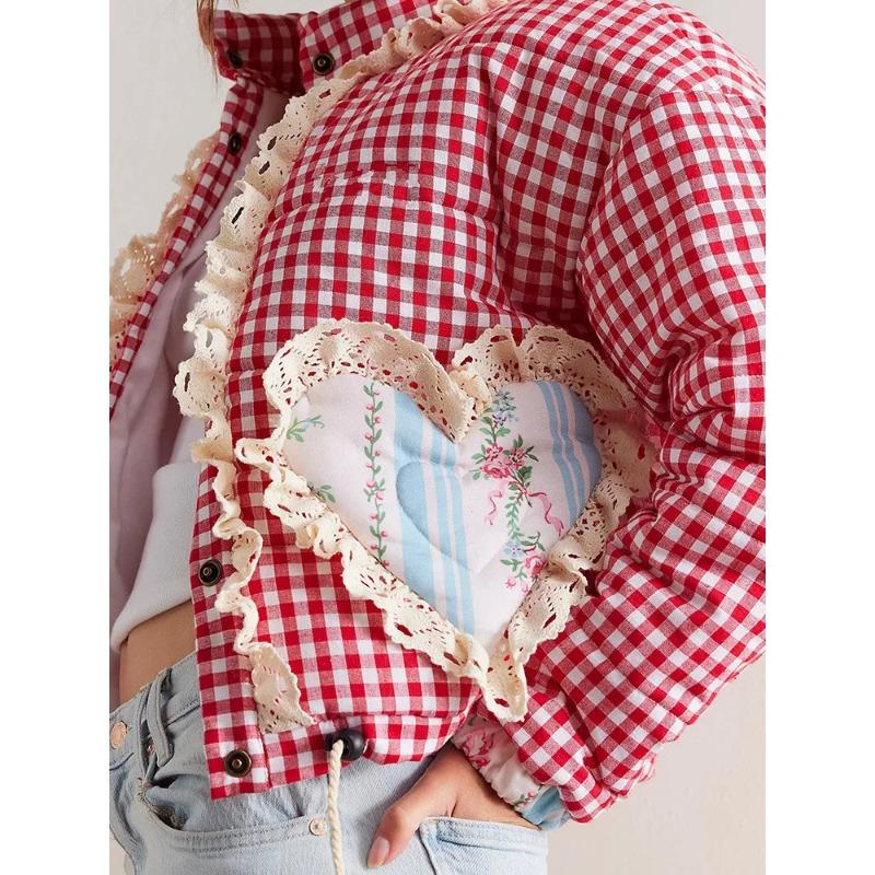 Women Lovely Loose Heart Patterned Parkas Winter Long Sleeve Quilted Cotton Padded Jacket Coat Female Cute Outerwear