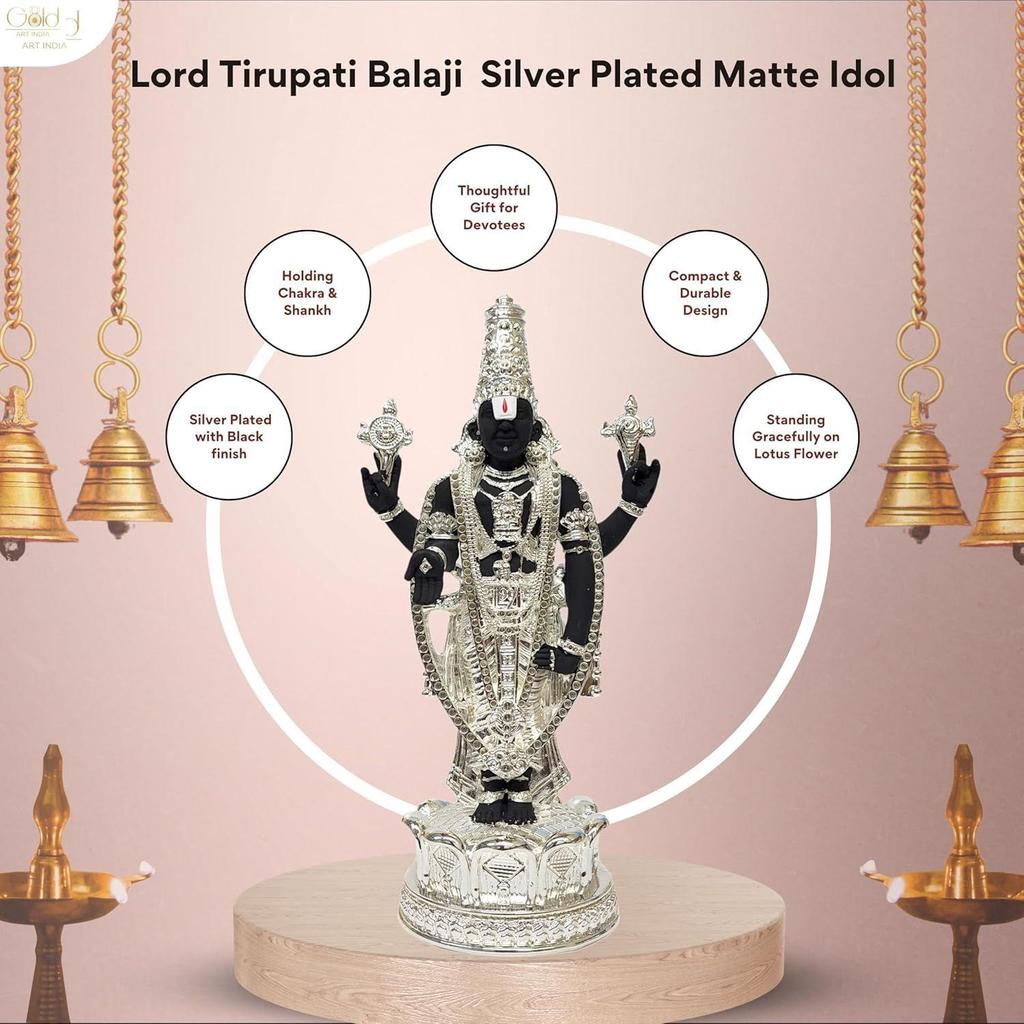 Lord Tirupati Balaji Silver Plated Black Idol with Golden Jewelry Work | Balaji Idol for Car Dashboard | Venkateswara Swamy Murti for Home |