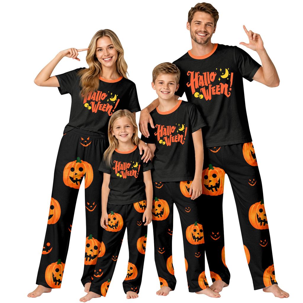 Family Matching Halloween Print T-Shirt and Shorts Pajama Set for Parents and Kids