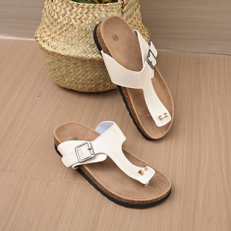Mode Damenmode Flache Sandalen Sommer Neu Runde Zehenpartie Zehensteg Metallschnalle Rutschfest Abriebfest Pantoletten