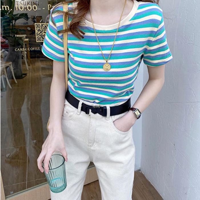 

Женская футболка с коротким рукавом и полосатым принтом весна-лето, свободные блузки с круглым вырезом, топ-пуловер Vero Moda S-XL L