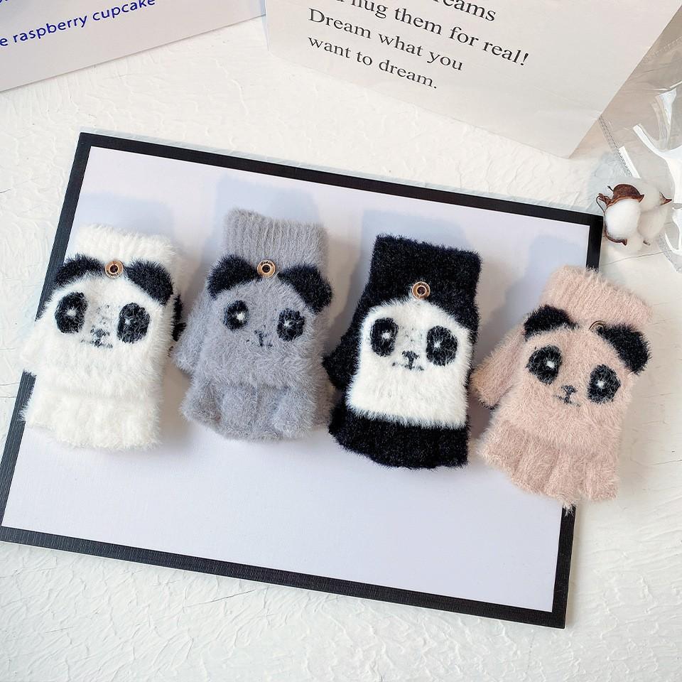 Cartoon Panda Warm Winter Women's Half Finger Flip Plush Knitted Coldproof Thickened Cycling Office Fingerless Gloves